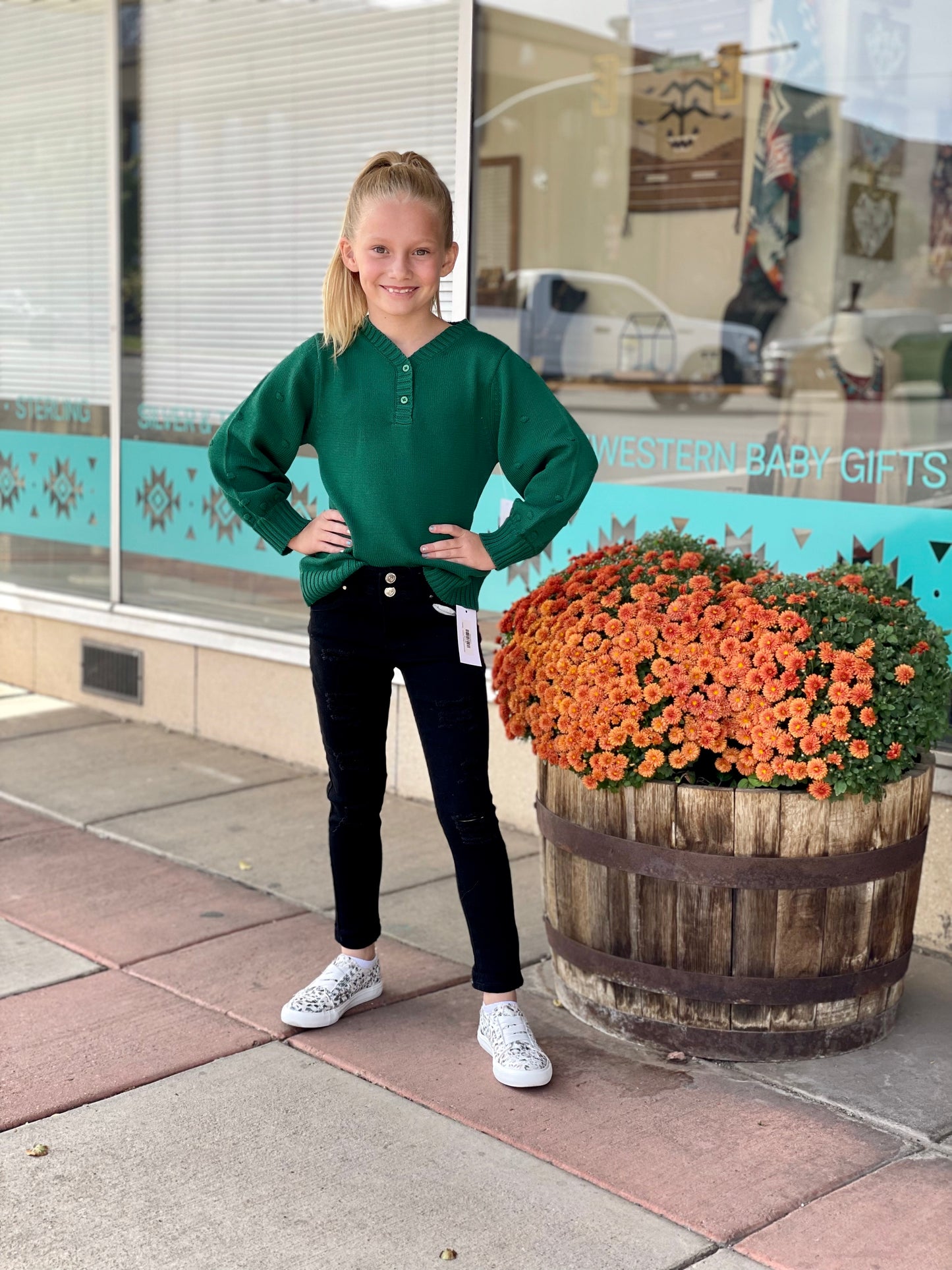 Evergreen V Neck Bobble Sweater