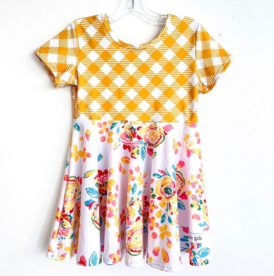 Yellow Floral Gingham Twirl Dress