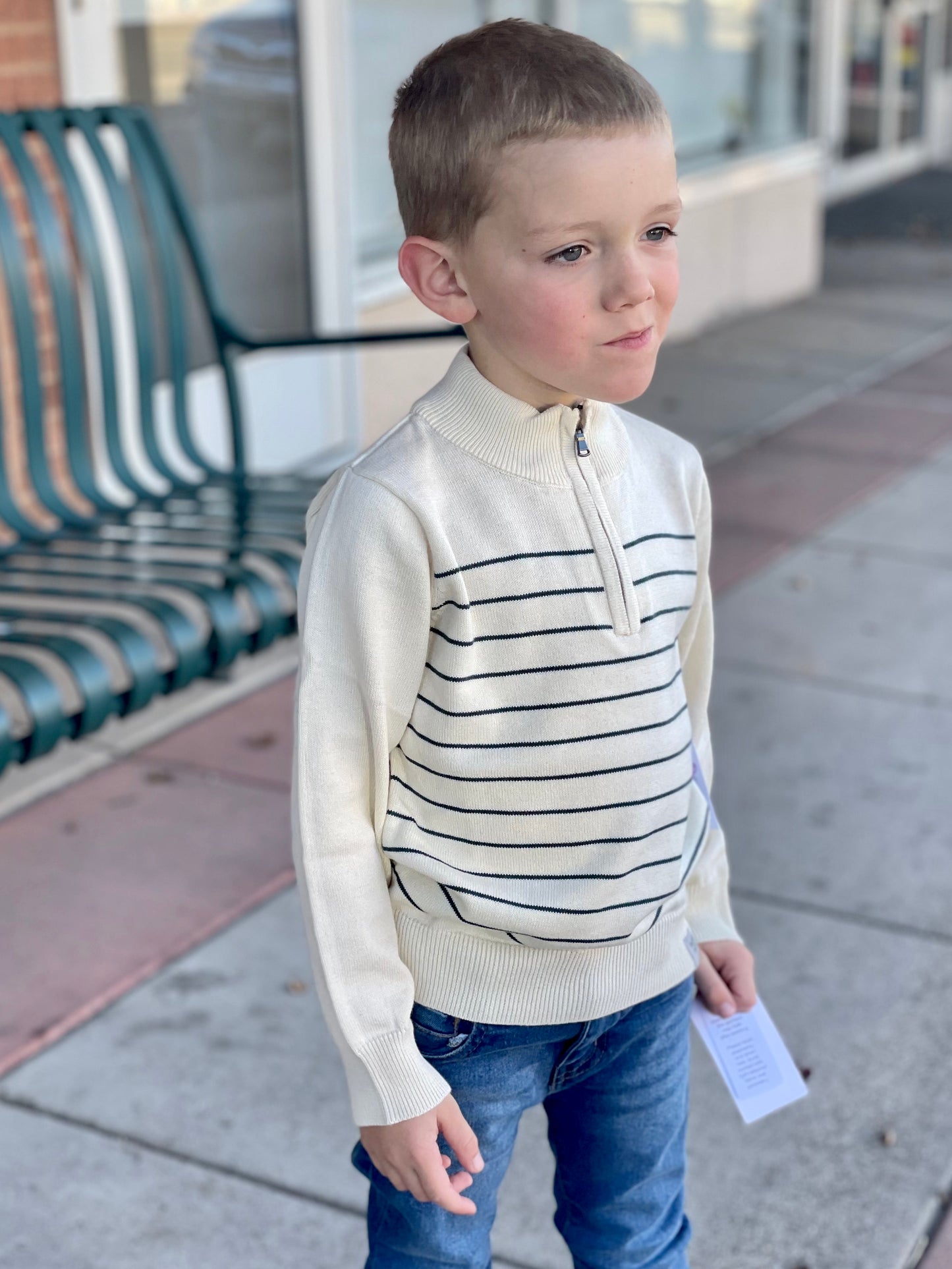Boys Ivory/ Twilight Stripe Quarter Zip Sweater