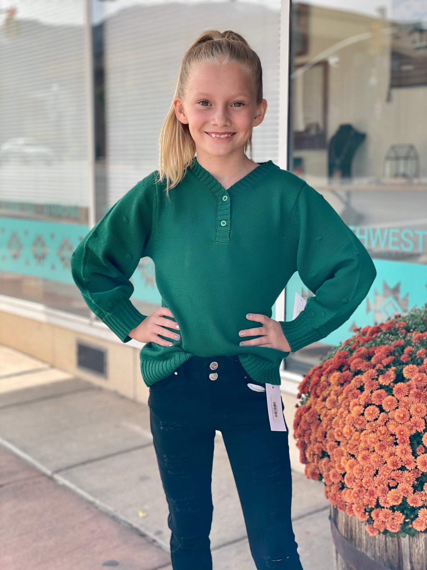 Evergreen V Neck Bobble Sweater