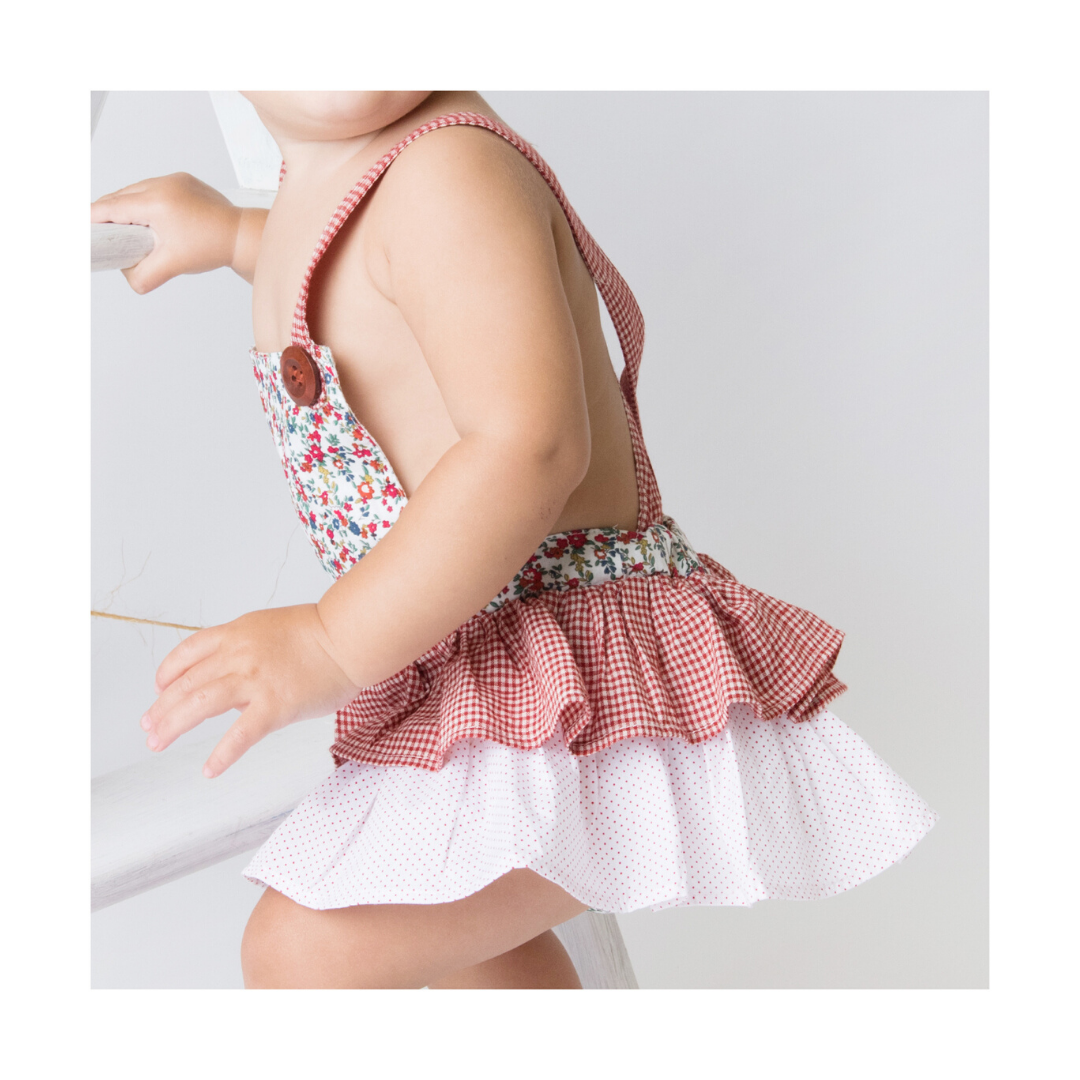 baby, floral and gingham print, frilly skirt style playsuit.