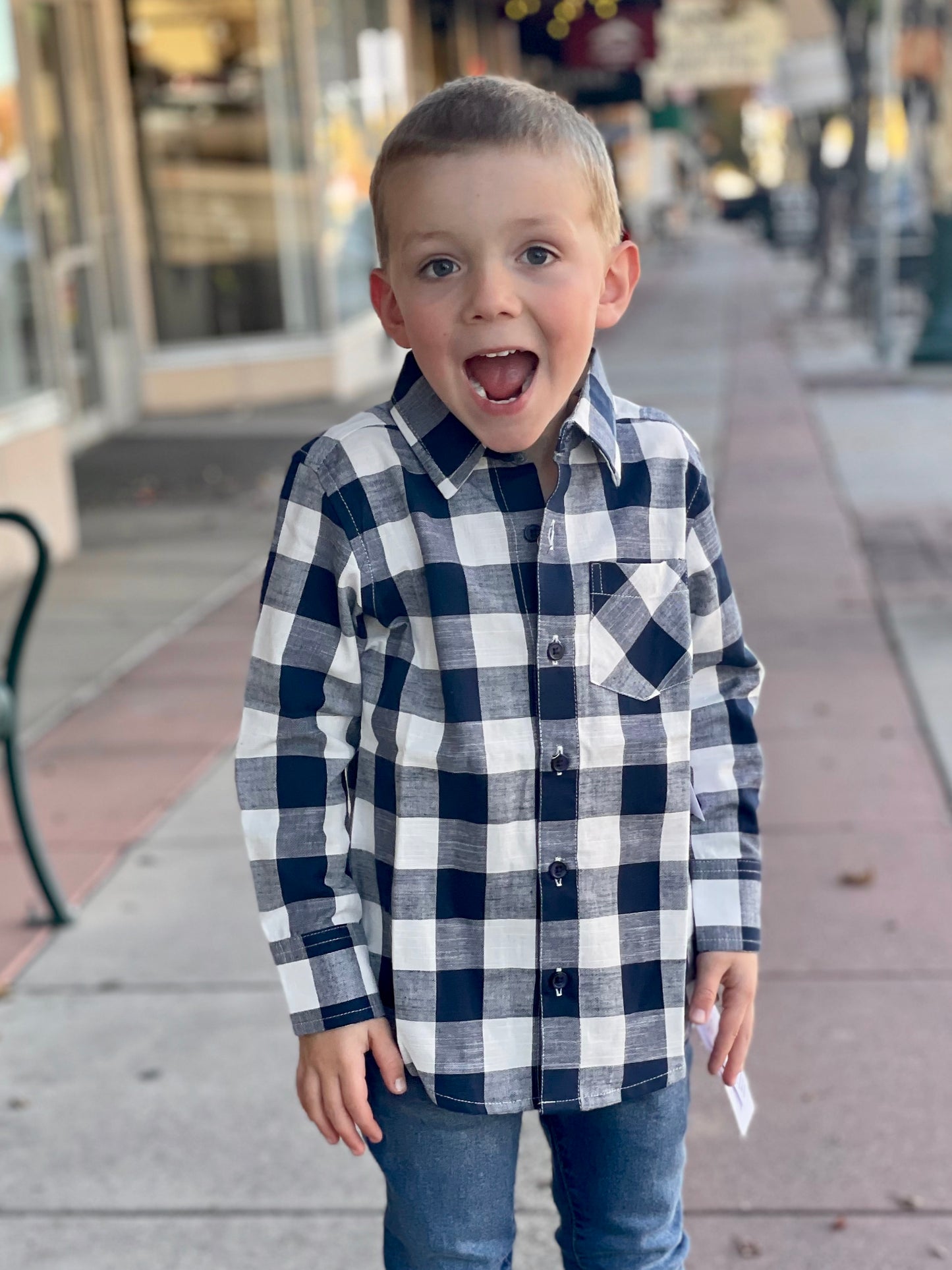 Boys Navy Plaid Button Down Shirt