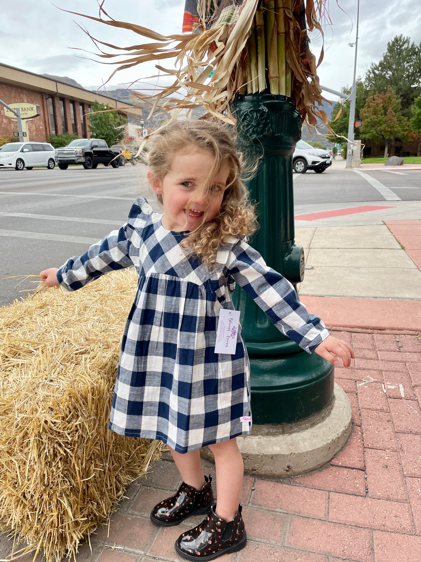 Navy Plaid Button Back Dress
