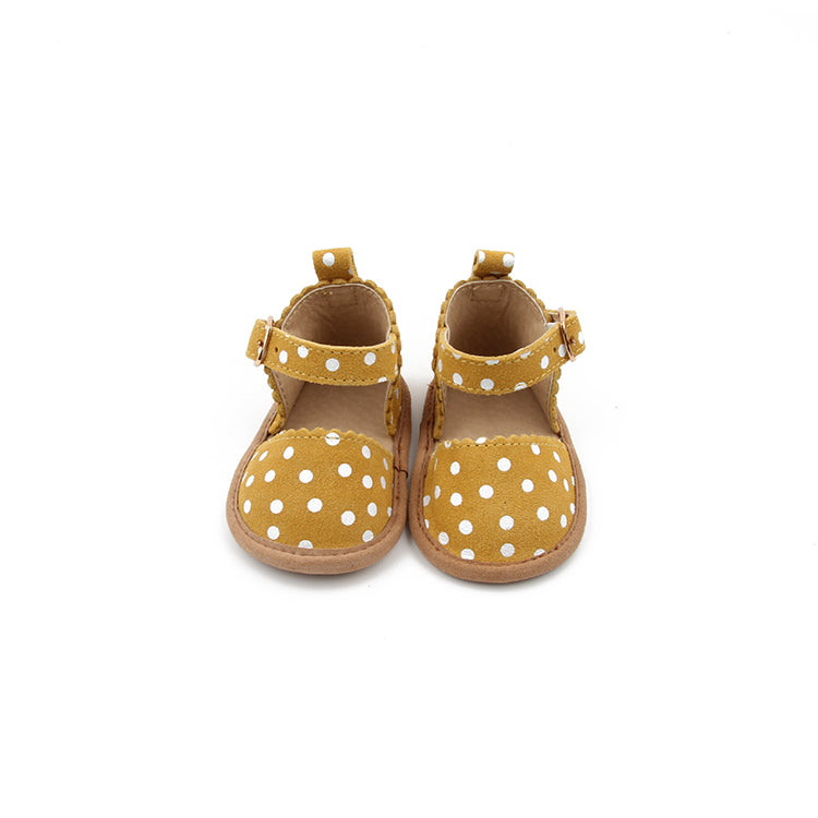 Mustard and white polka dot, baby mary janes.