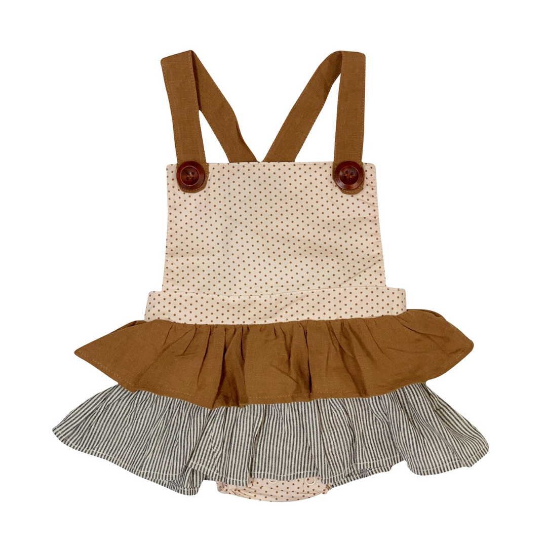 Babies, tan, polka dot ruffle skirt playsuit.