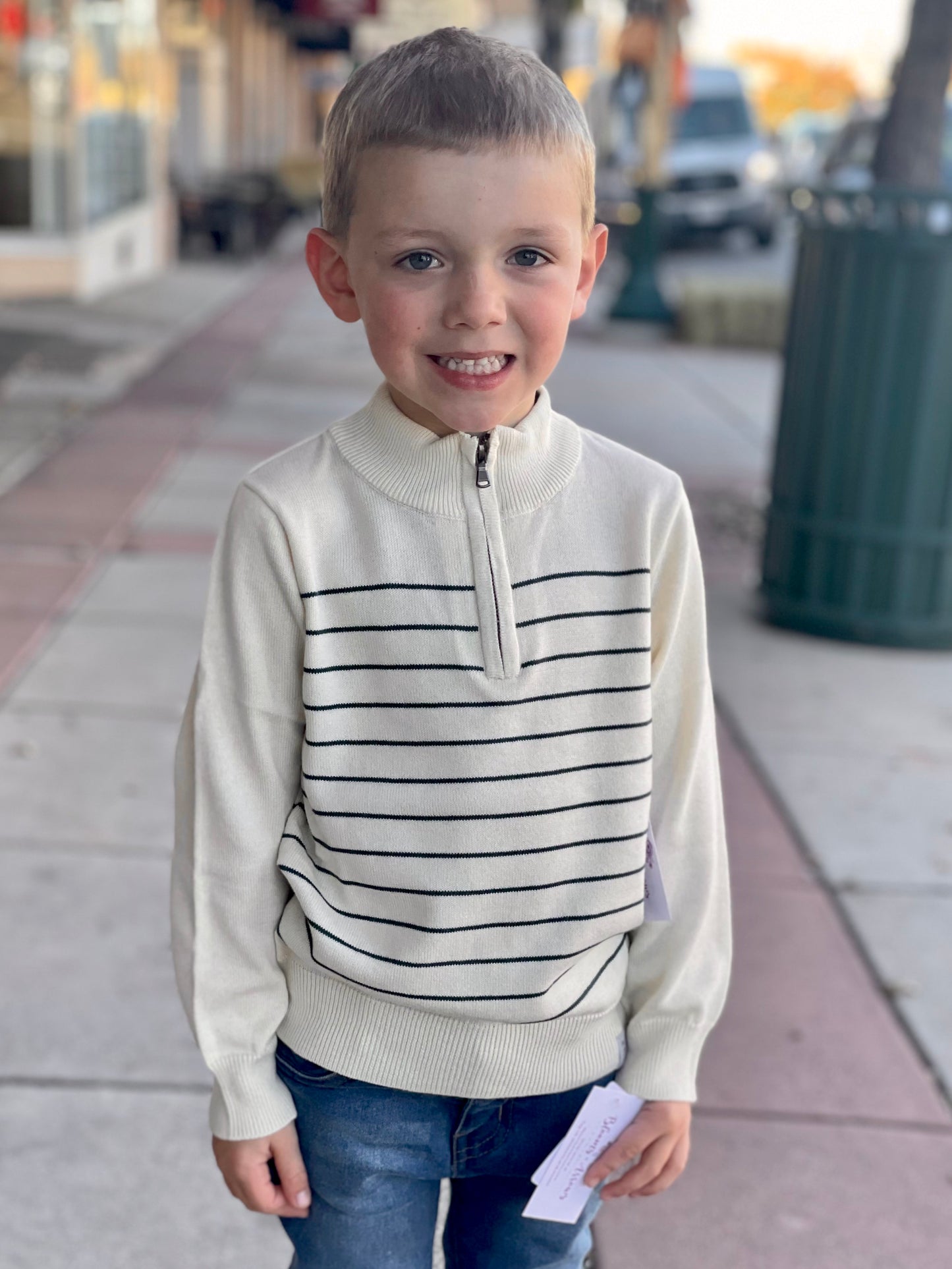 Boys Ivory/ Twilight Stripe Quarter Zip Sweater