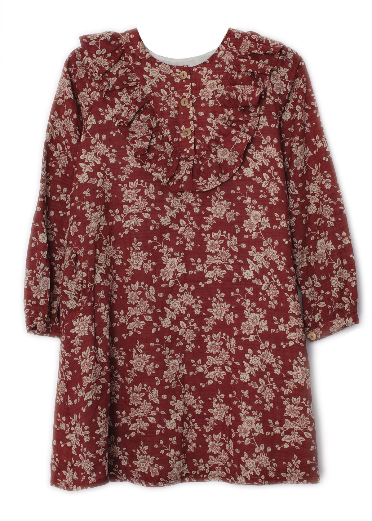 Burgundy and cream floral girls dress.