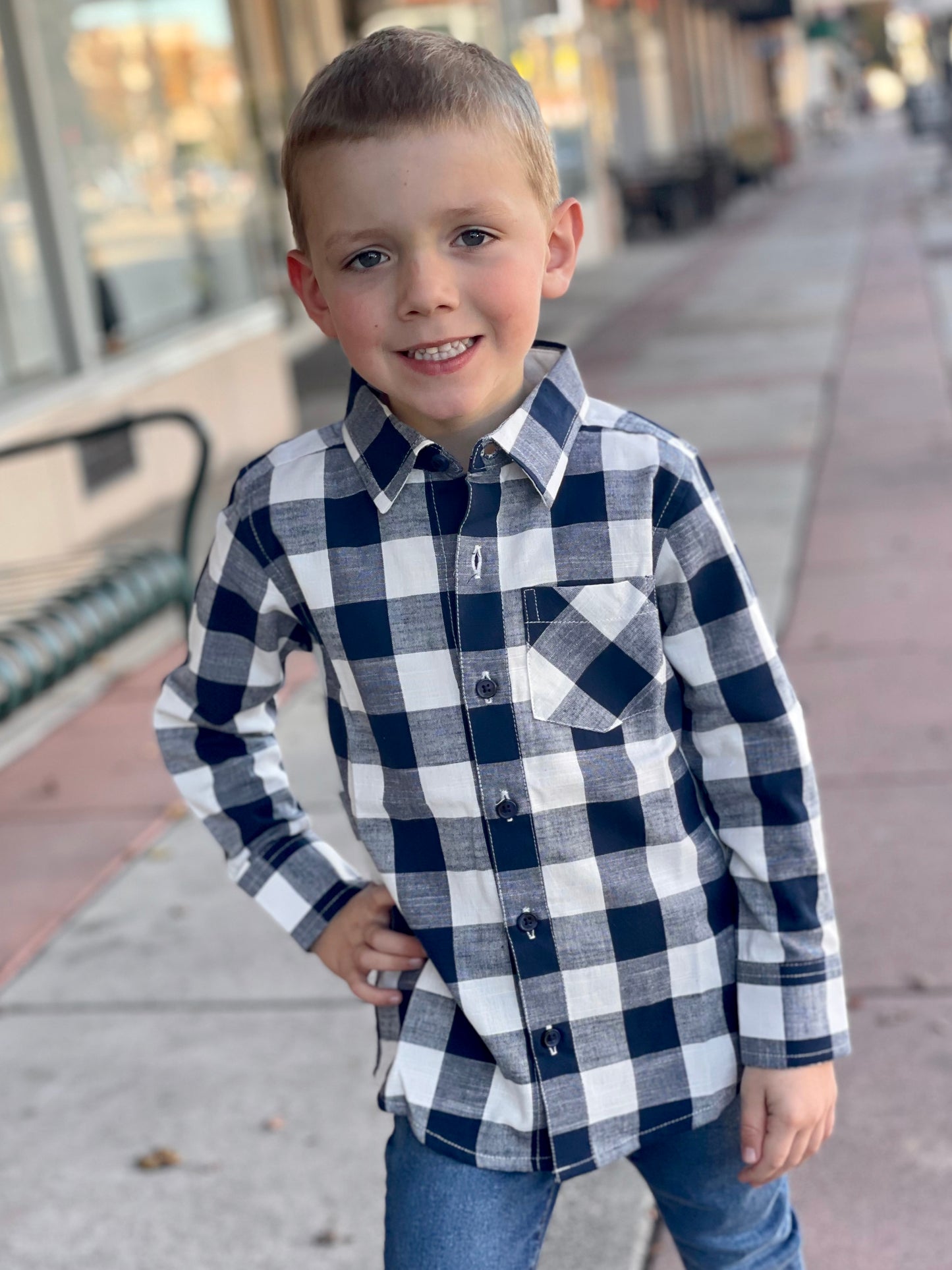 Boys Navy Plaid Button Down Shirt