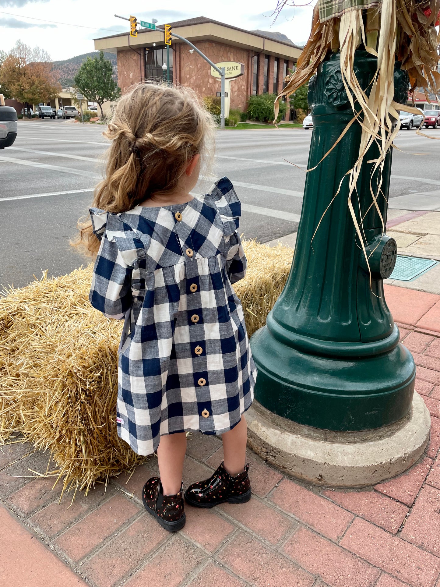 Navy Plaid Button Back Dress