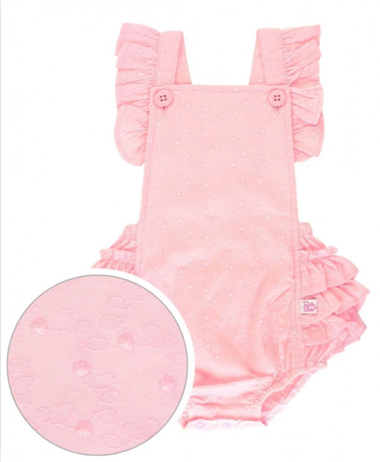 Pink polka dot texture, ruffle sleeve and bum romper.