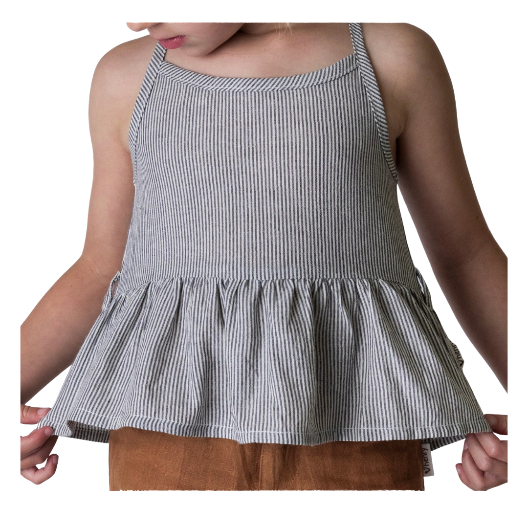 Charcoal and ivory stripe, peplum top for toddlers and tweens.