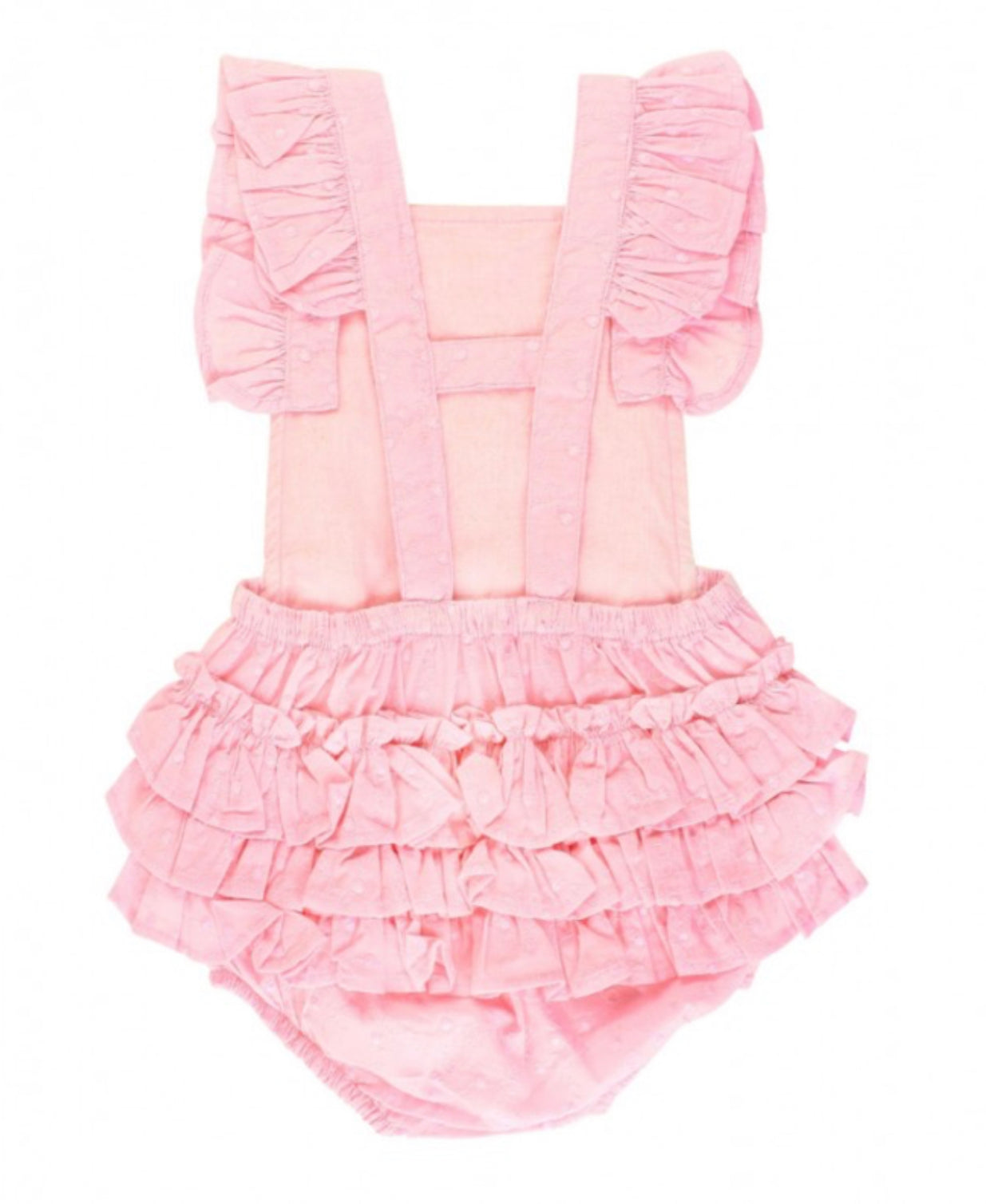 Pink polka dot texture, ruffle sleeve and bum romper.