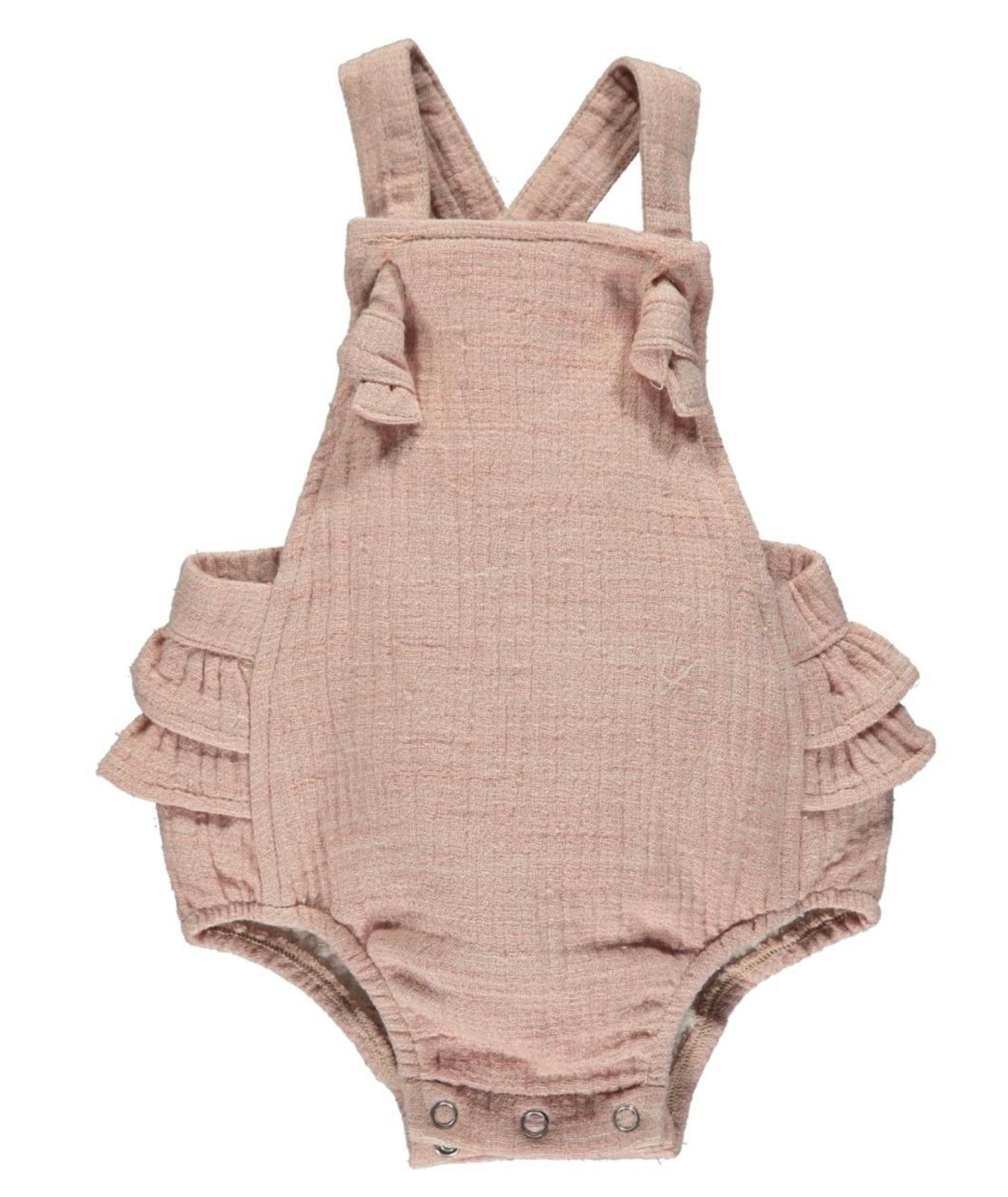 beige, linen crossback bubble romper.