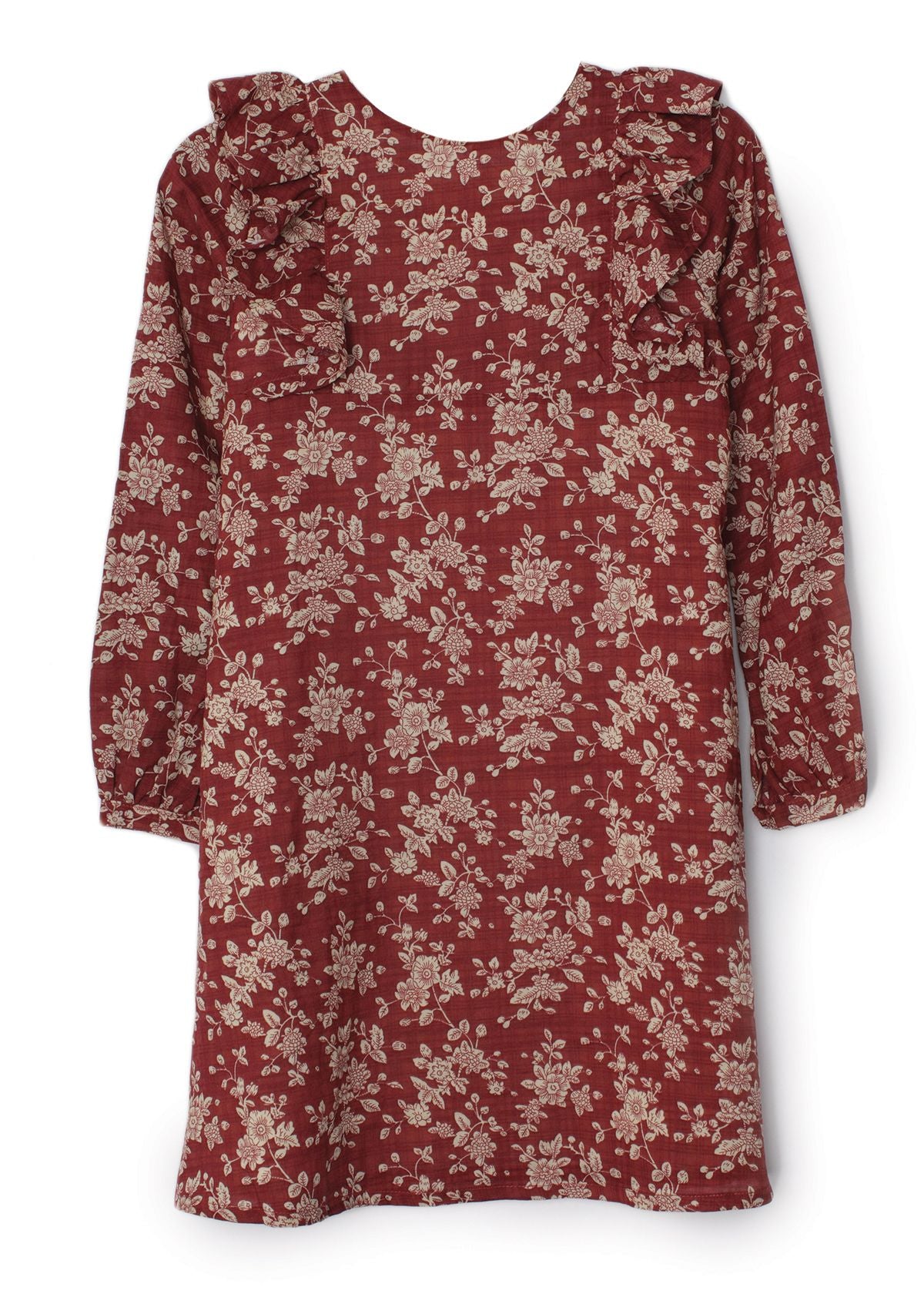 Burgundy and cream floral girls dress.
